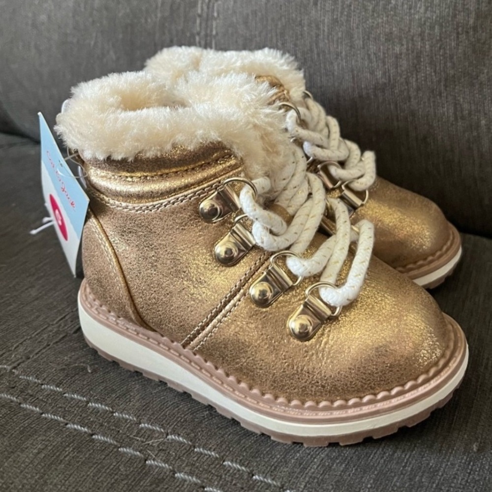 Cat &‎ Jack Girls Sparkly Zip Up Boots Size 5 Gold Faux Fur Winter NWT Toddler